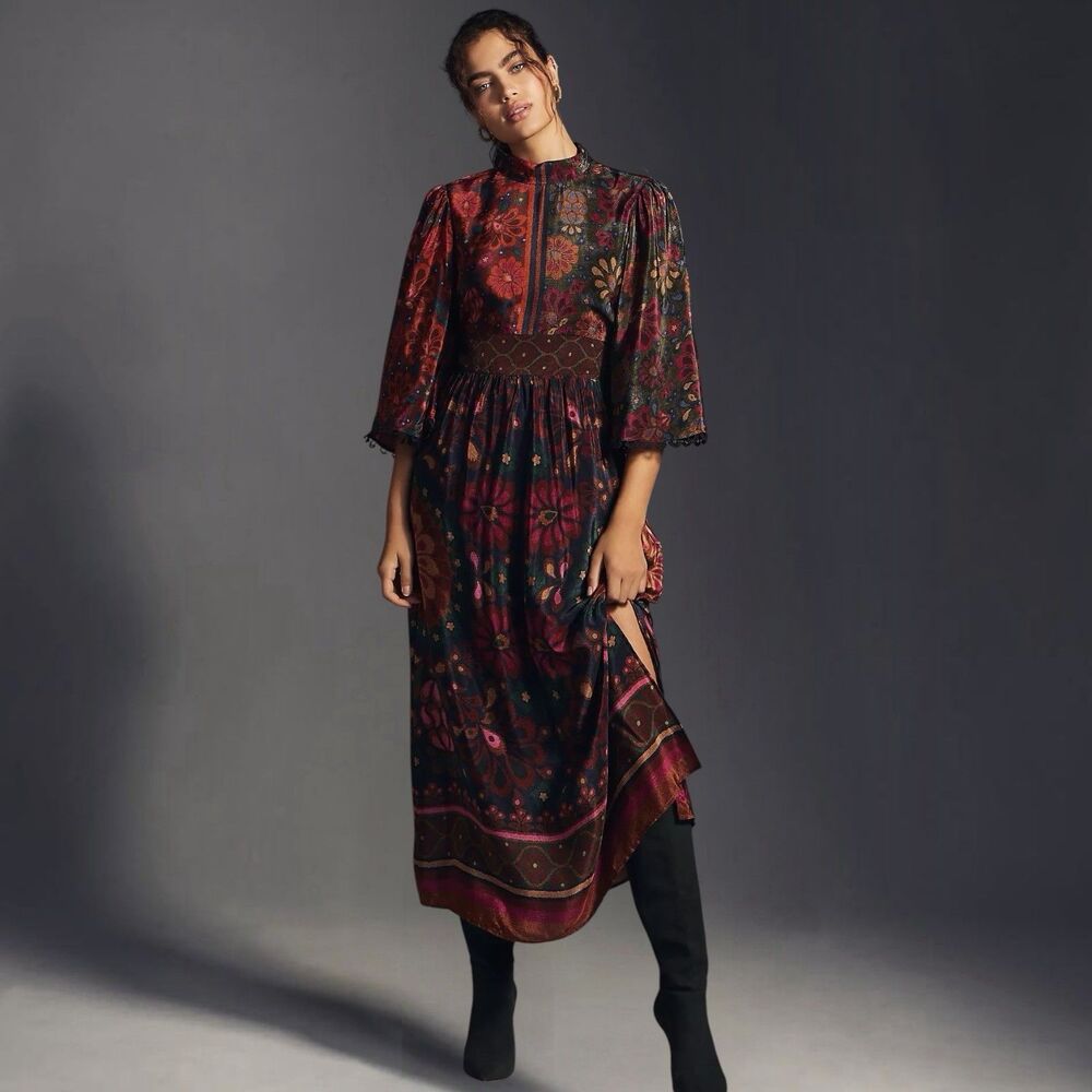 FARM Rio x Anthropologie Floral Tapestry Mock Neck Boho Bell Sleeve Midi Dress L